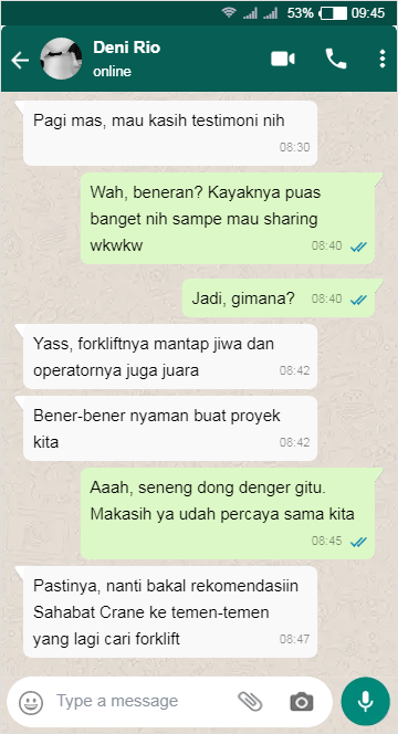 Testimoni Sewa Forklift di Sahabat Crane